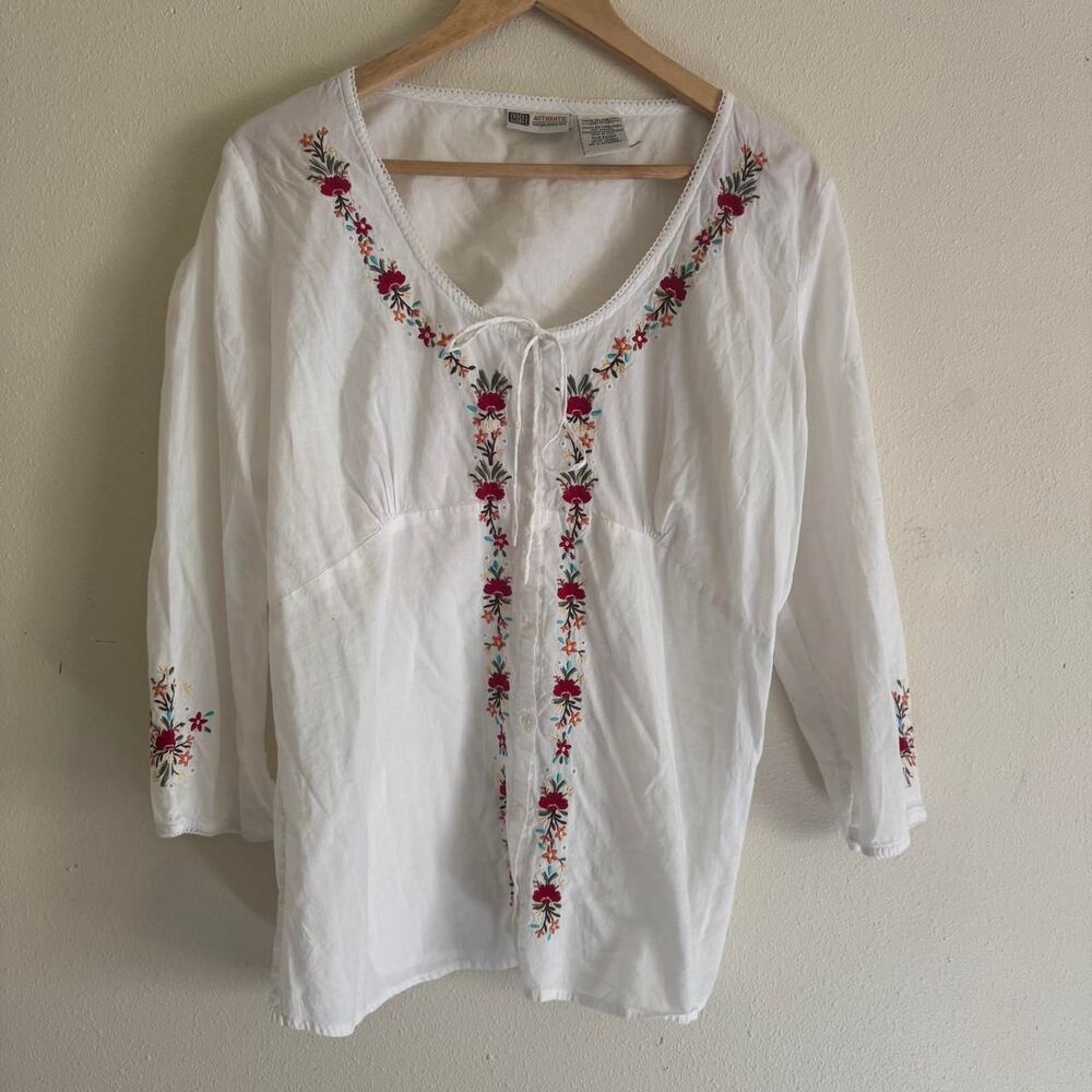 Faded Glory XL White Embroidered Cotton Peasant Blouse Boho Folk Prairie Tunic